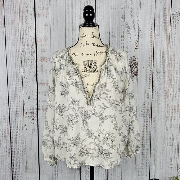 Amuse Society Floral Small Beaded Boho Chic Oversized V-Neck Tunic Blouse - Picture 1 of 8